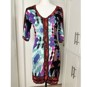 Custo Barcelona Multicolor Midi Dress with Red Trim